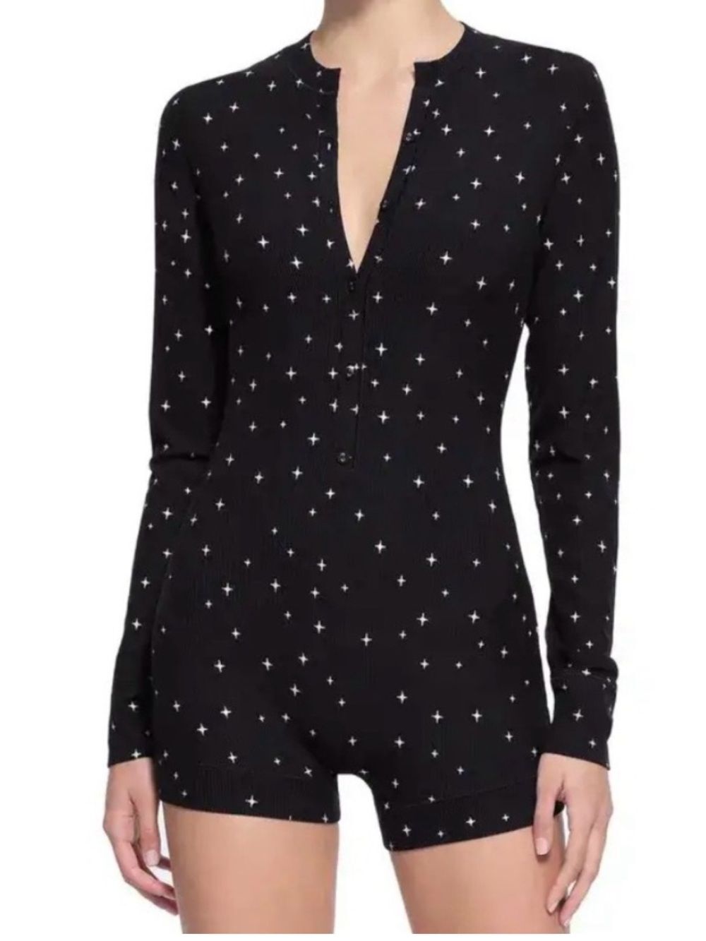 SKIMS Loungewear Button Up Henley 1 Piece in Onyx Sparkle Long Sleeve Ribbed S